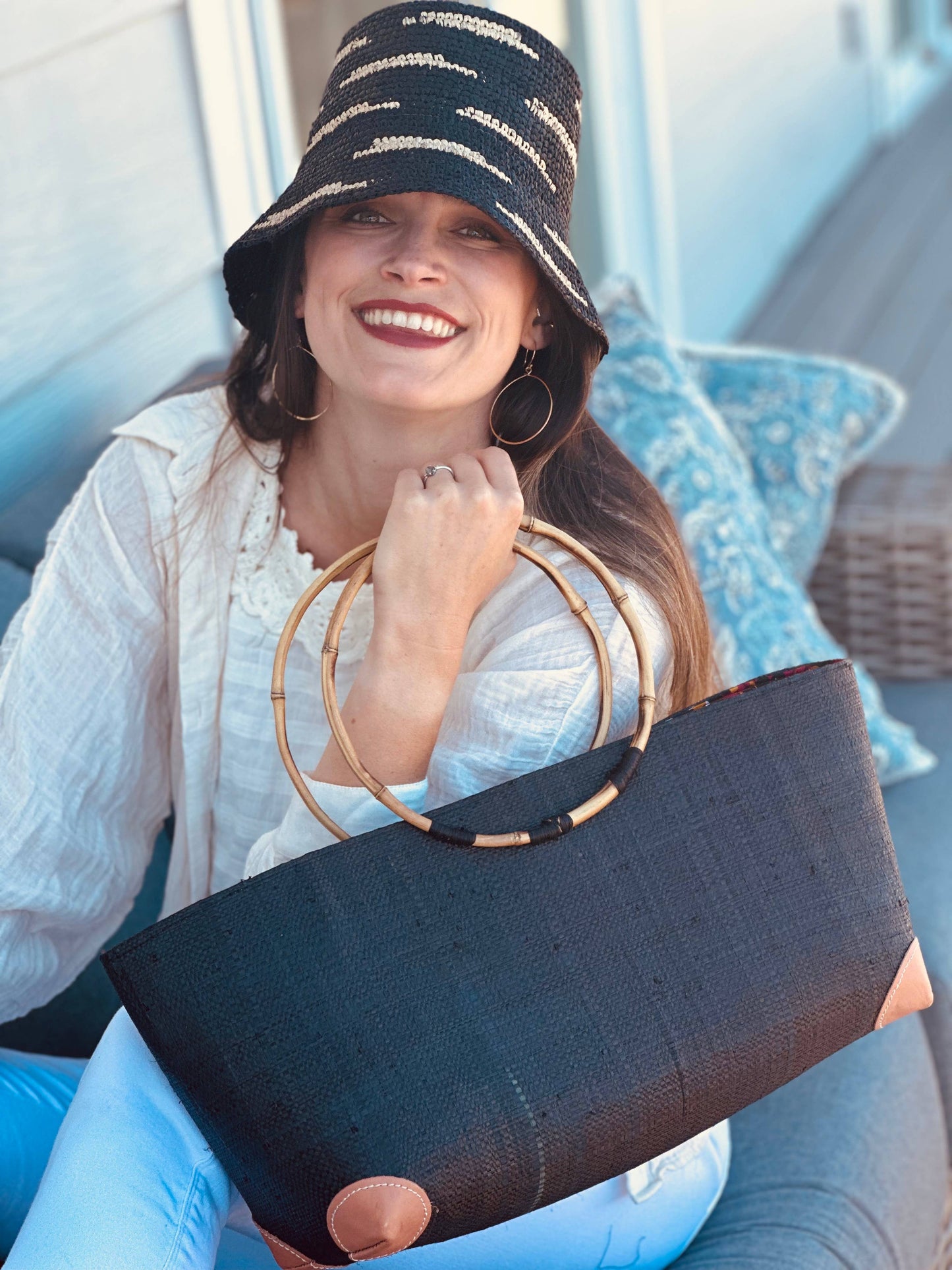 Bebe Straw Handbag with Bamboo Handles: Coral