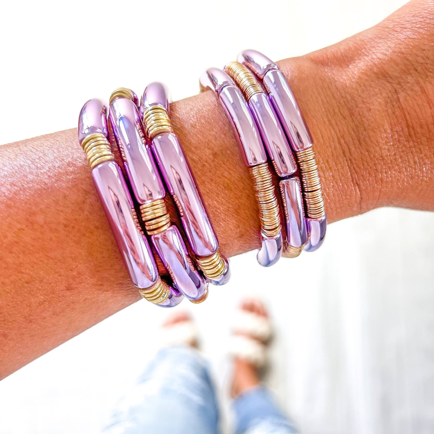 Acrylic Metallic Solid Purple Tube Bamboo Bracelet: Medium