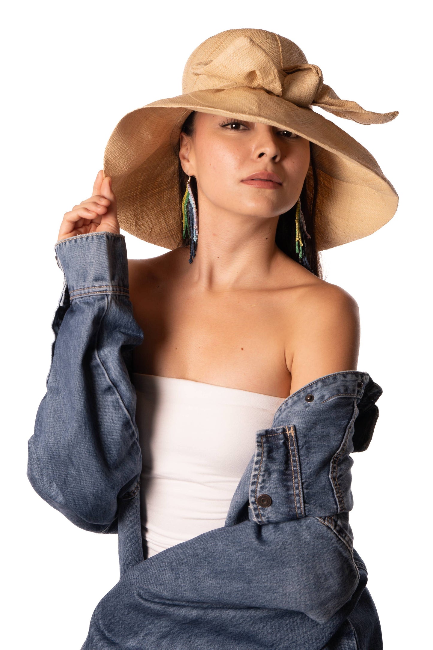 5" & 7" Wide Brim Big Bow Solid Color Straw Sun Hats: Natural / 5" Brim