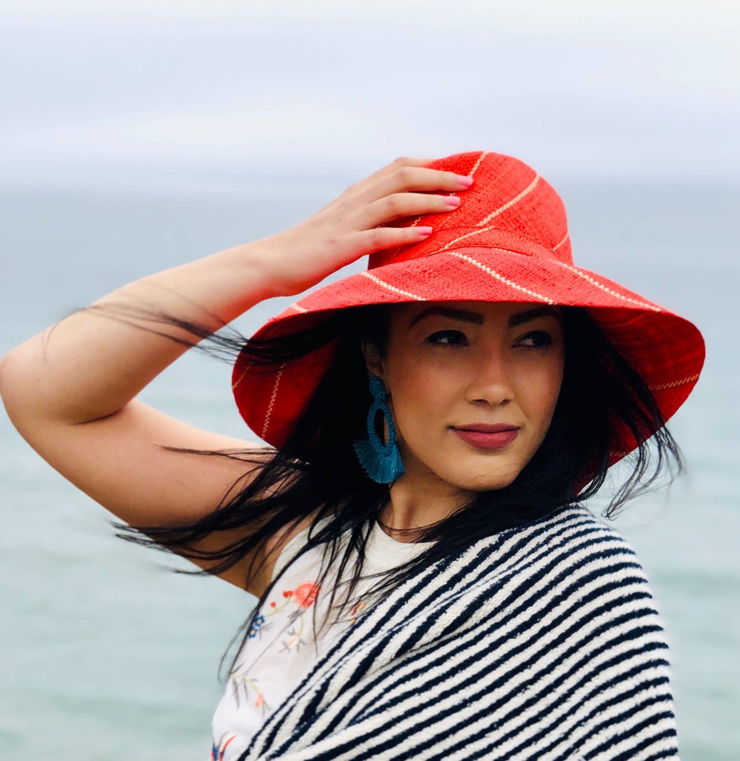 5" & 7" Wide Brim Pinstripe Packable Straw Sun Hats: Black Pinstripes / 5" Brim