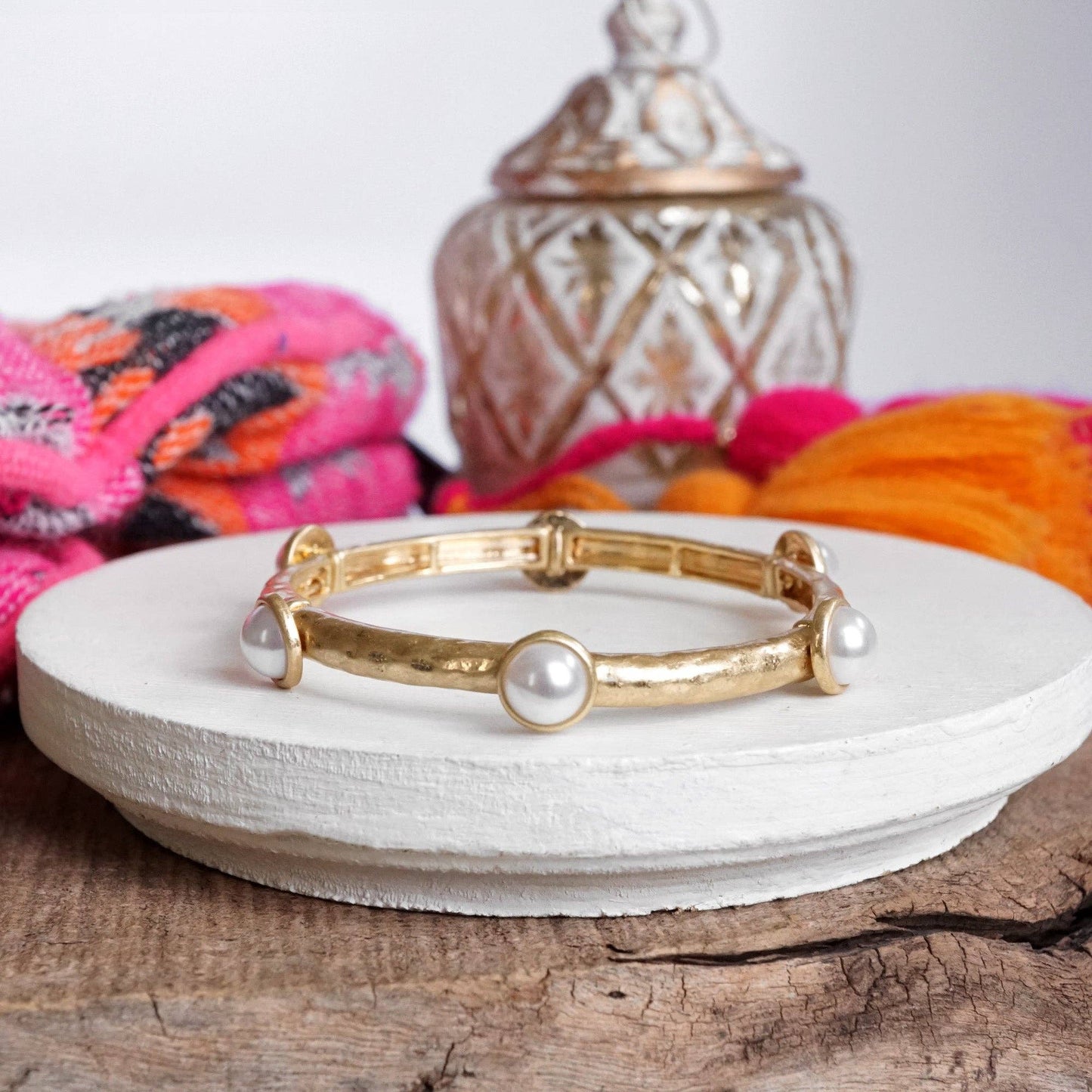 Jeweled Golden Bangle with semi precious stone dots: White