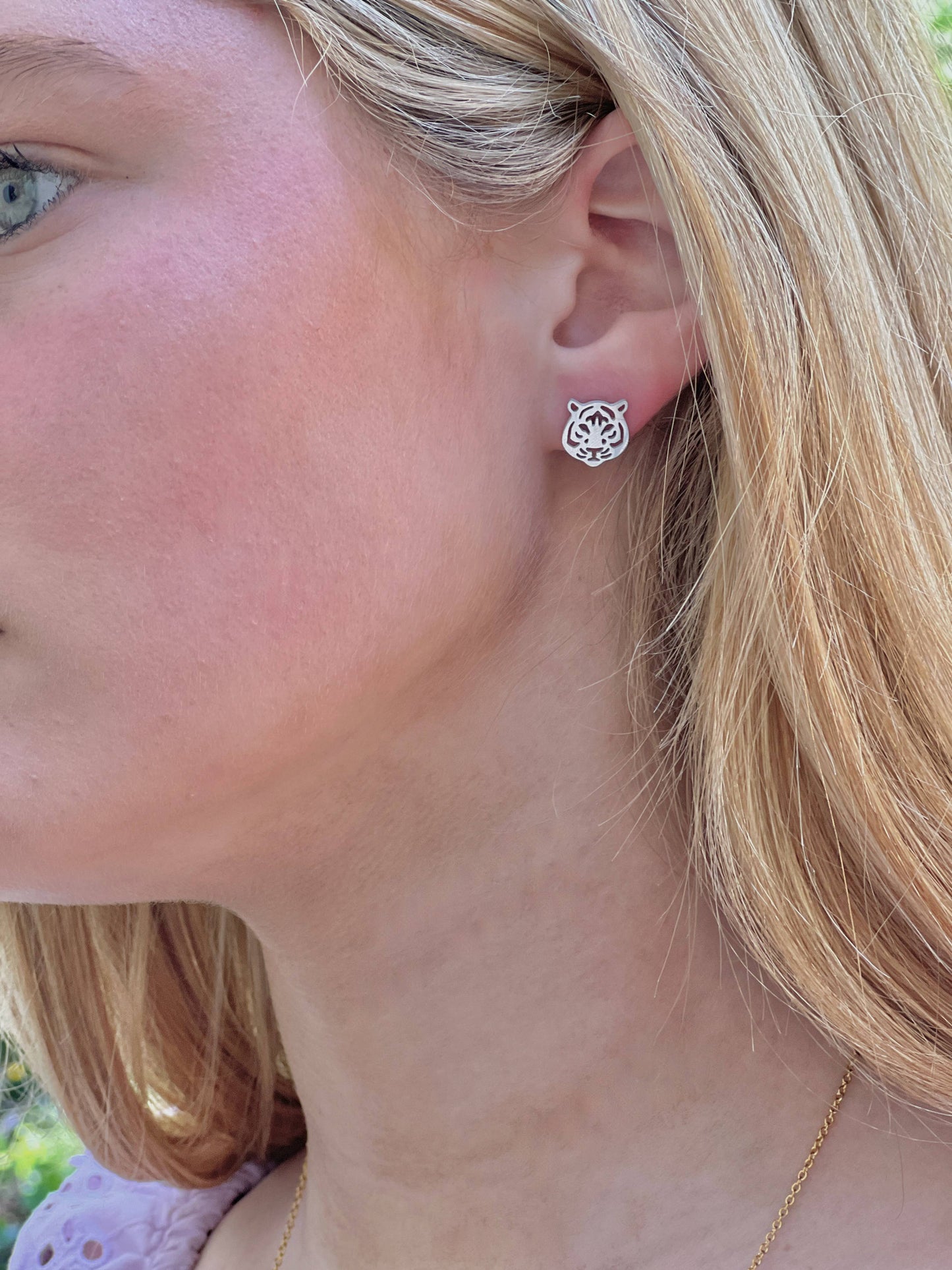 Cute Tiger Earrings, Tiger Football Gift, Silver Stud