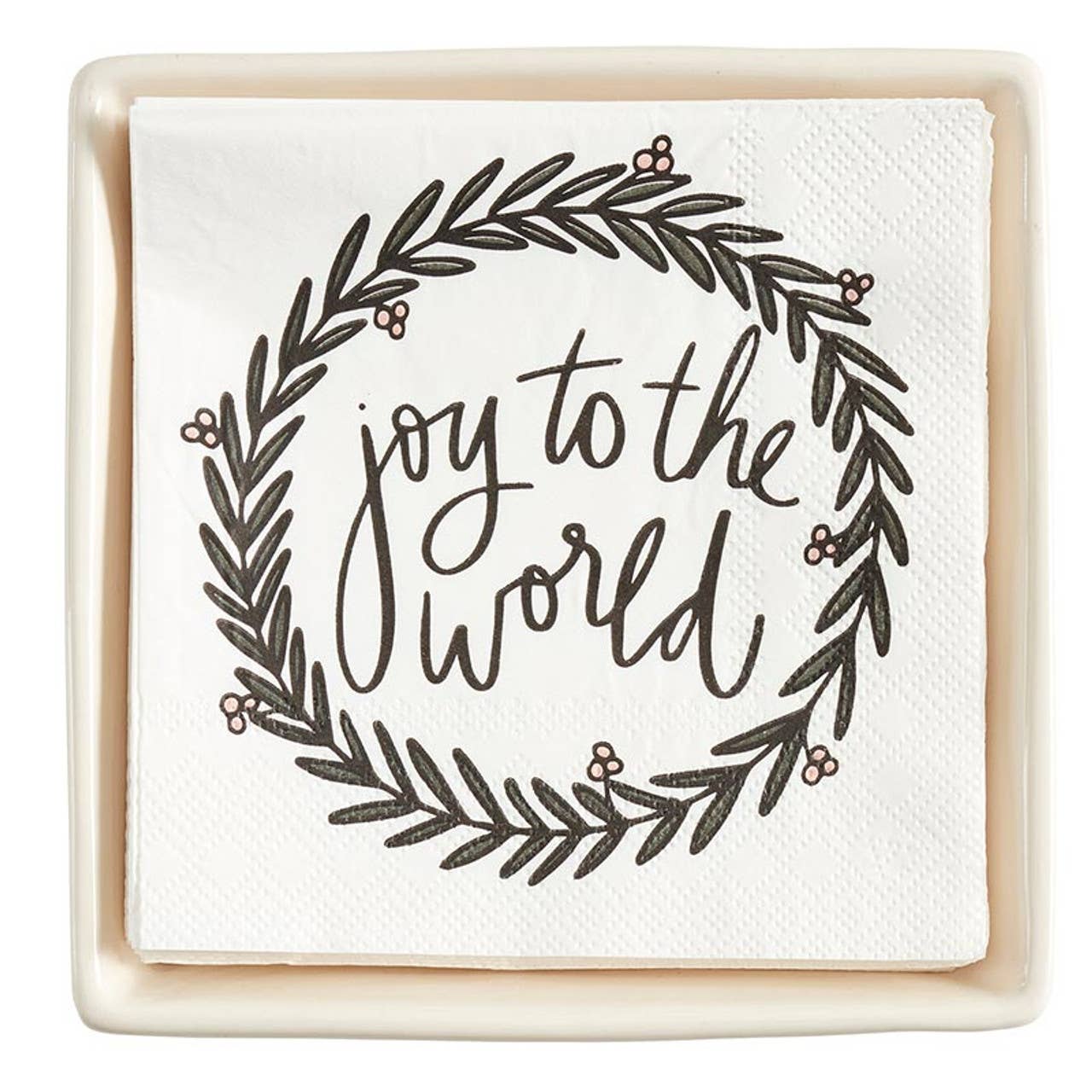 Ceramic Napkin Tray + Napkins - Joy To The World: Ceramic, Paper, Cotton Twill Ribbon