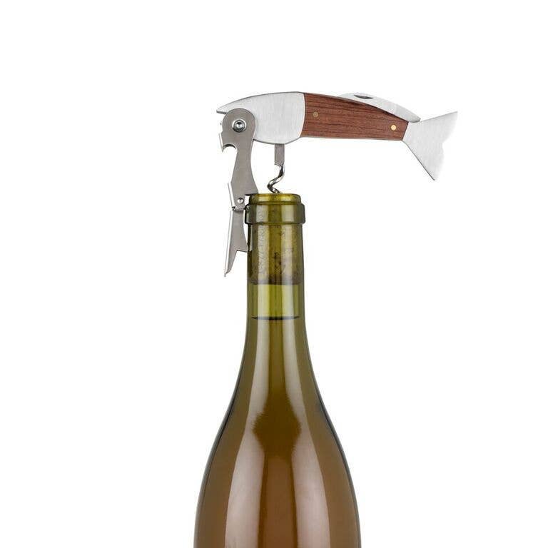 Fish Corkscrew Bottle Opener Brown Wood