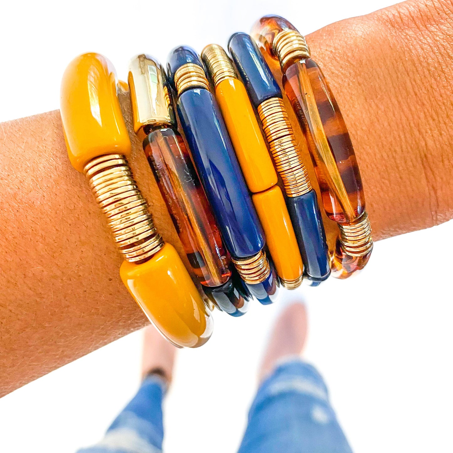 Mustard Acrylic Tube Bamboo Bracelet: Large-Mustard-Gold Discs