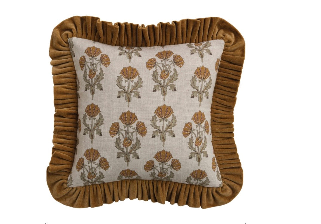 18" Square Printed Pillow with Velvet Ruffle Yellow
