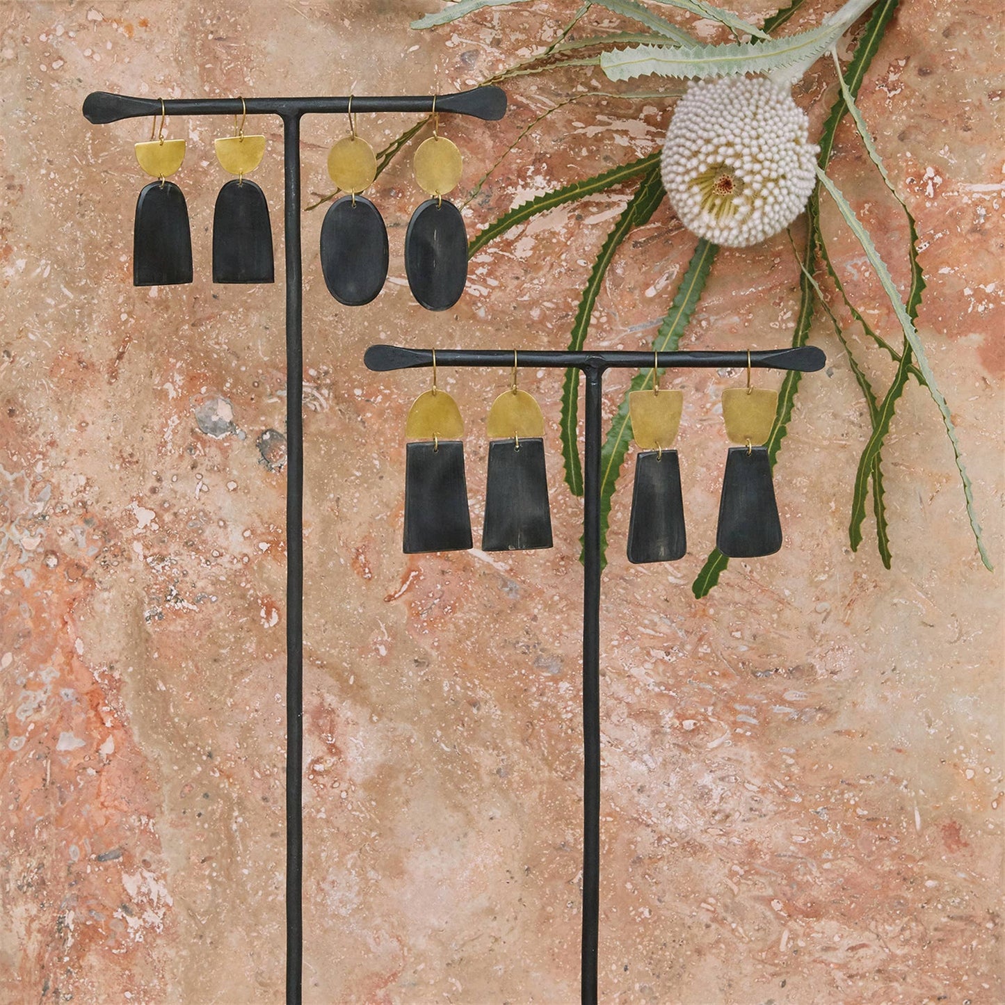 Leucadia Earrings, Brass & Horn - Trapezoids - Dark Horn