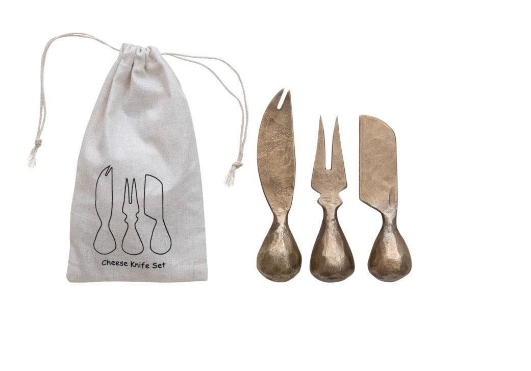 Hand-Forged Iron Cheese Knives w/ Hammered Handles, Set of 3 in Printed Drawstring Bag