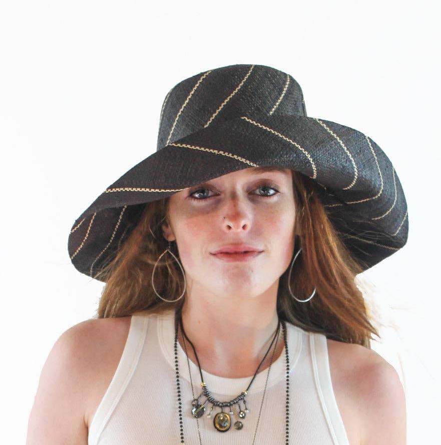 5" & 7" Wide Brim Pinstripe Packable Straw Sun Hats: Black Pinstripes / 5" Brim