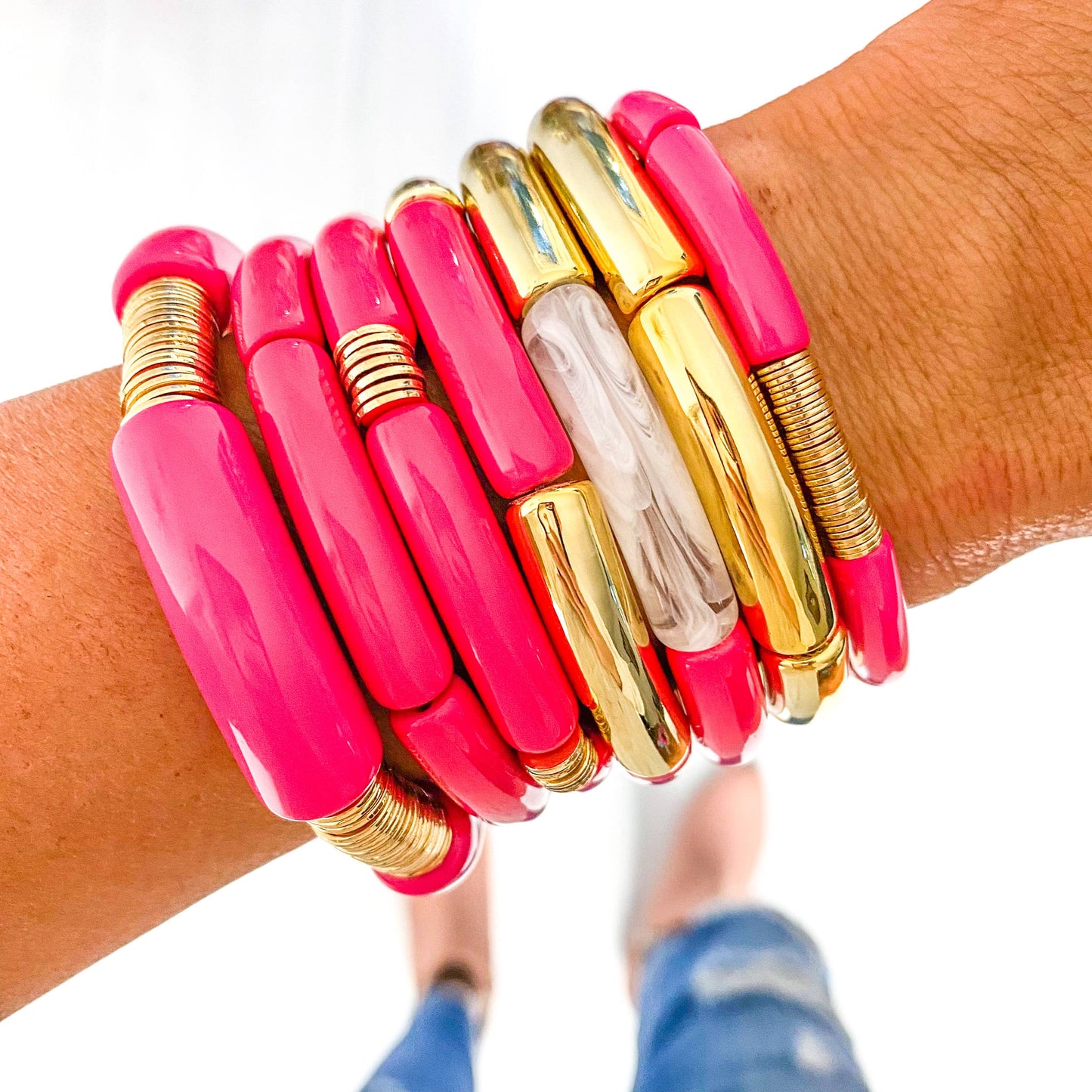 Hot Pink Tube Bamboo Bracelet: Hot Pink-Gold Discs