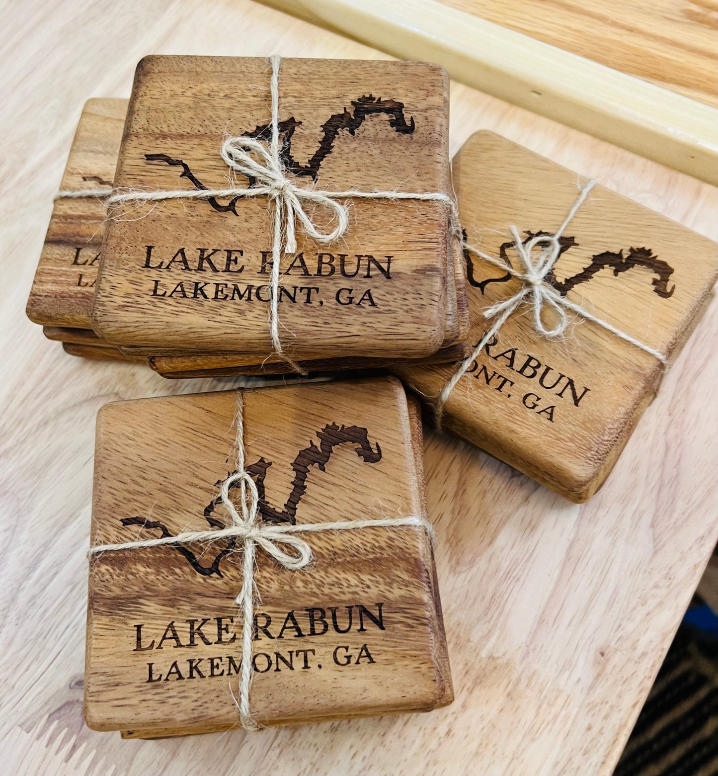 Lake Rabun Lake Map Coasters -Wood walnut set of 4