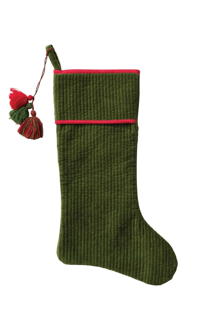 Cotton Velvet Quilted Stocking with Tassels, Green & Red