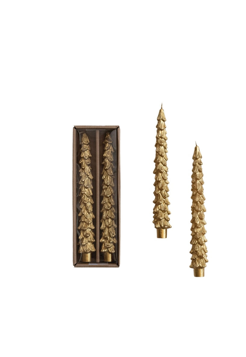 Tree Shaped Tapers Gold Candles in Box, Set of 2