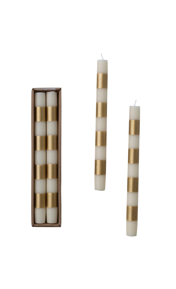 Unscented Taper Candles with Stripes in Box, Cream & Gold Color, Set of 2