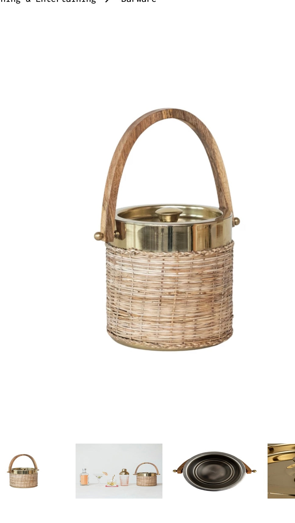 Stainless Steel & Woven Rattan Ice Bucket w/ Mango Wood Handle