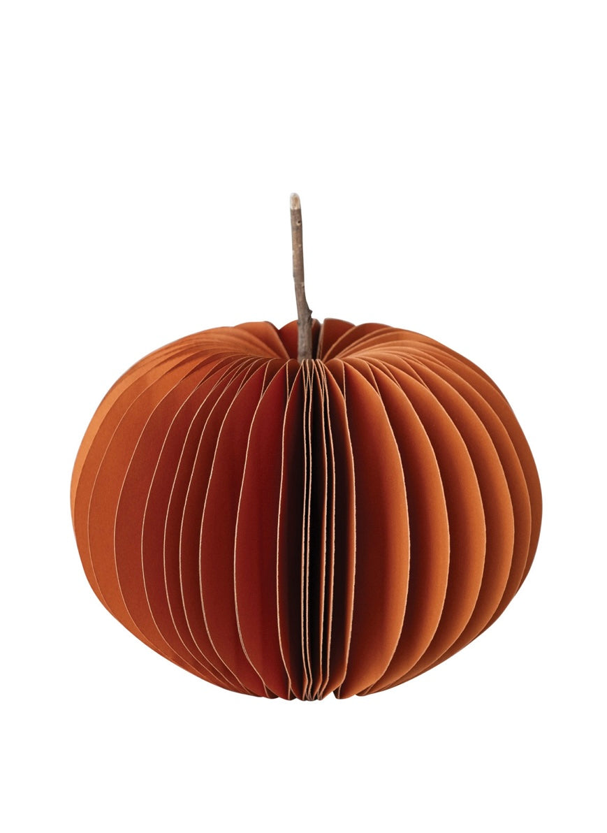Recycled Paper Folding Honeycomb Pumpkin w/ Dried Natural Twig Stem, Orange Color