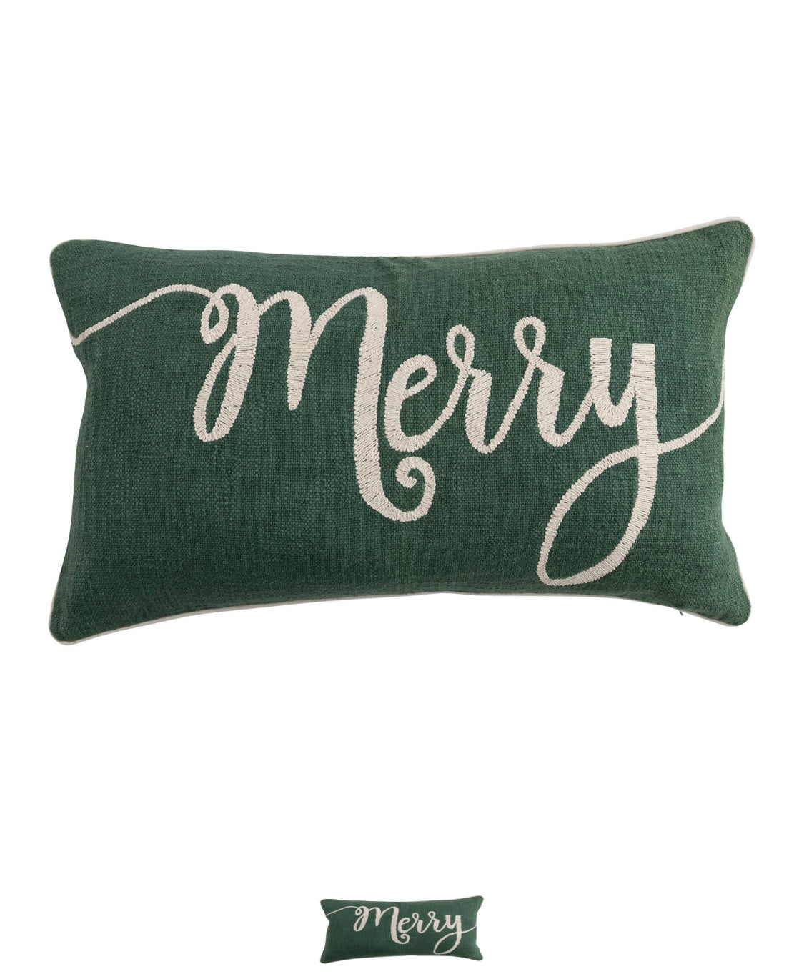Lumbar Pillow with Embroidered "Merry", Green & Natural