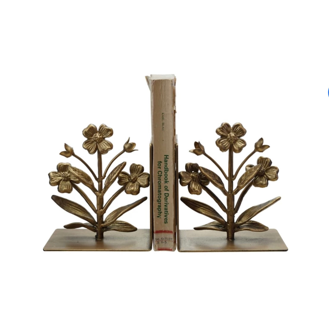 Cast Iron Flower Shaped Bookends, Gold Finish, Set of 2