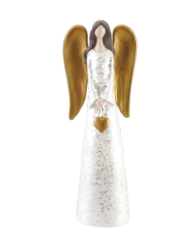 Resin Angel with Heart & Glitter, White, Gold Finish & Brown