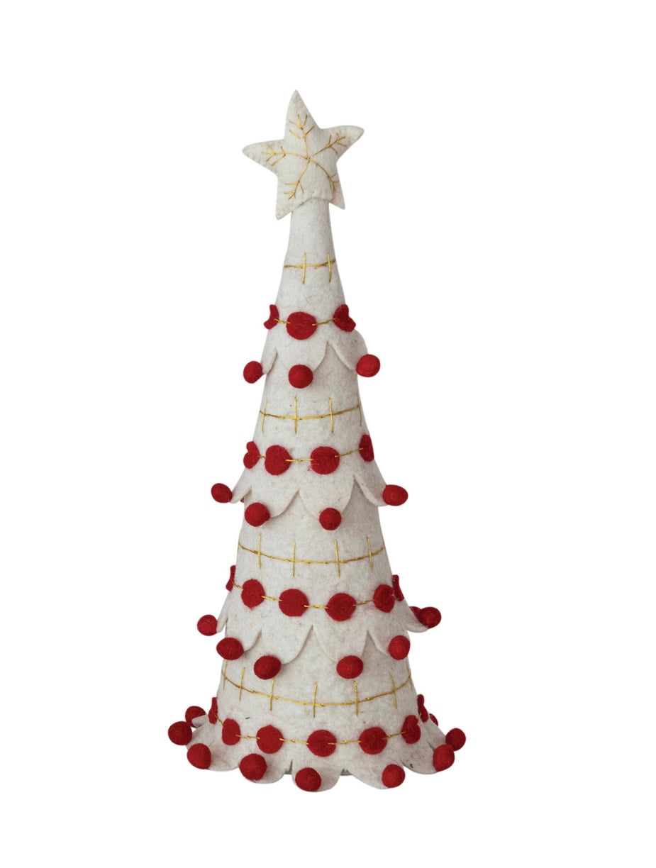 Handmade Wool Felt Tree with Star, Pom Poms & Metallic Gold Thread Embroidery & Red