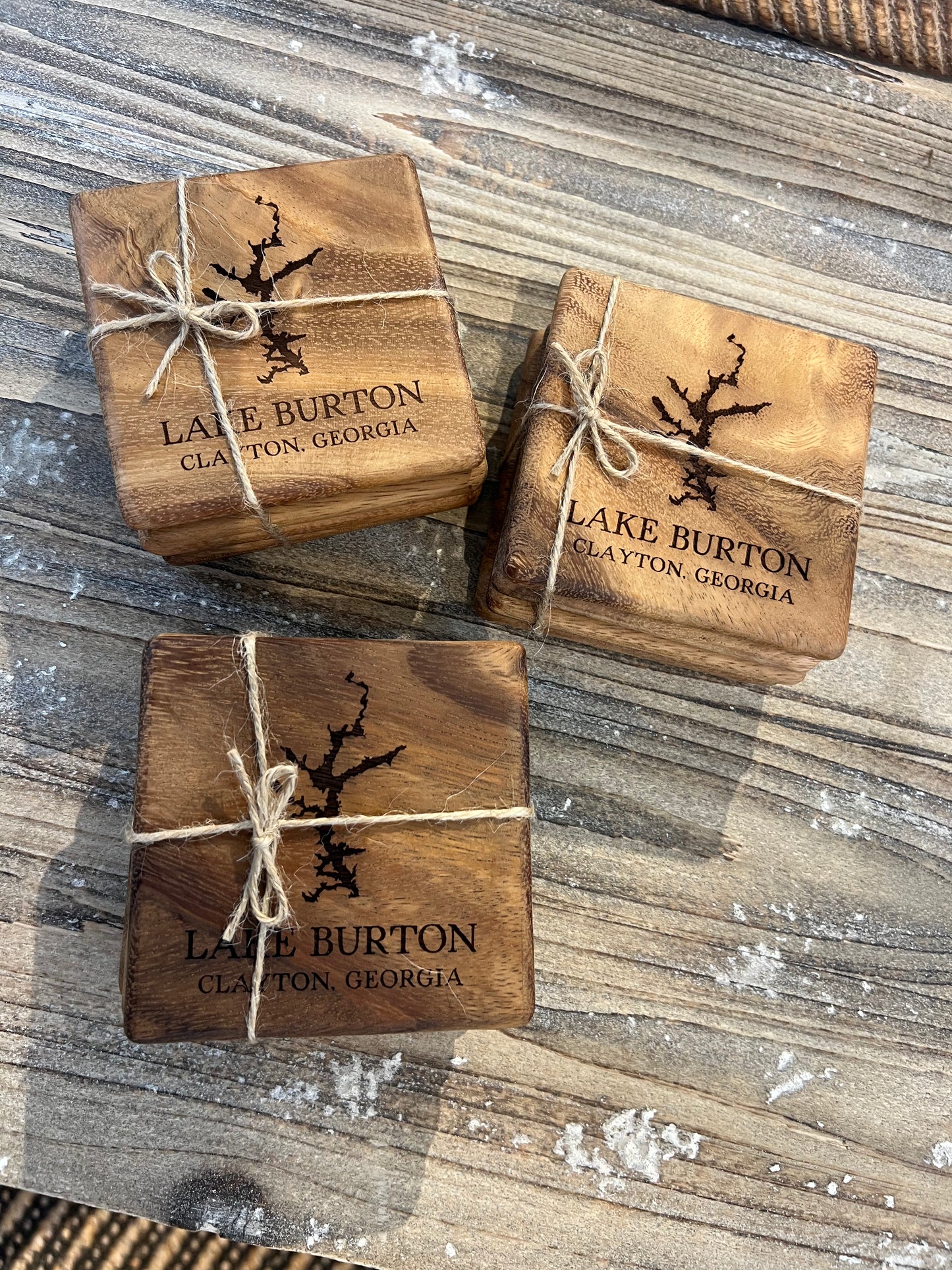 Lake Burton Map Coasters - Wood Walnut Coasters Standard Wood Grain