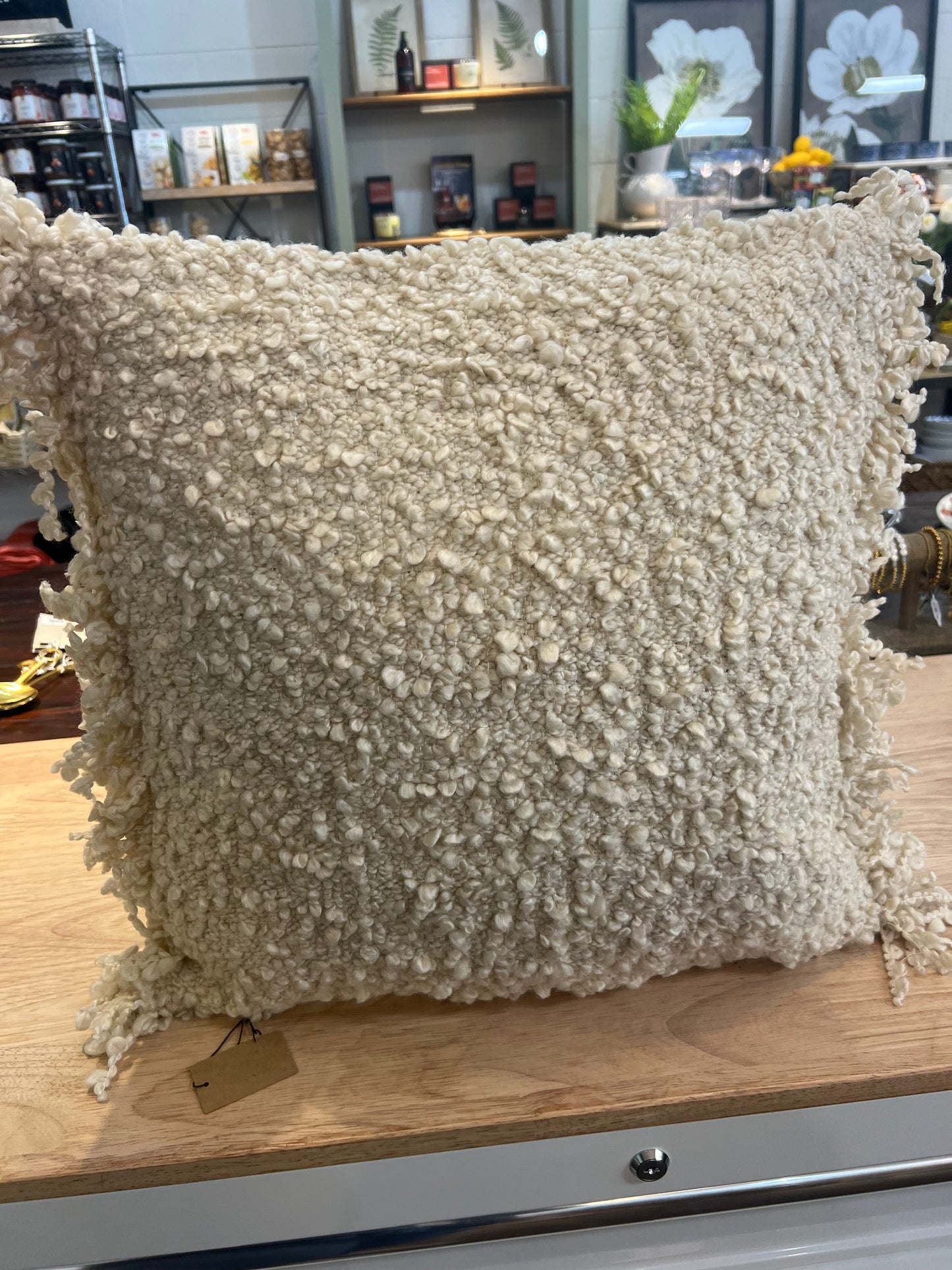 Indoor/Outdoor Woven Pillow cream w/ fringe