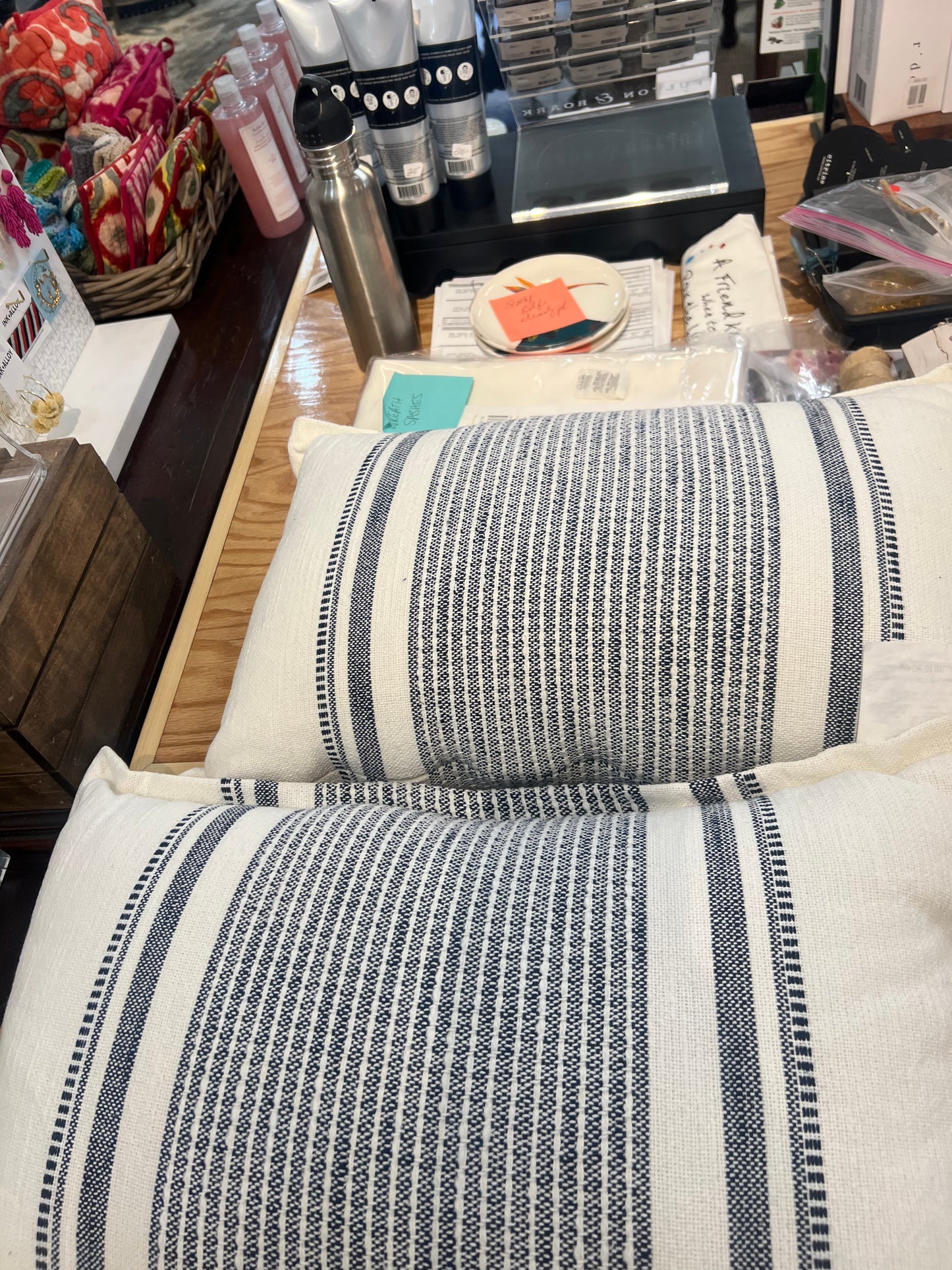 Blue white striped lumbar linen pillow
