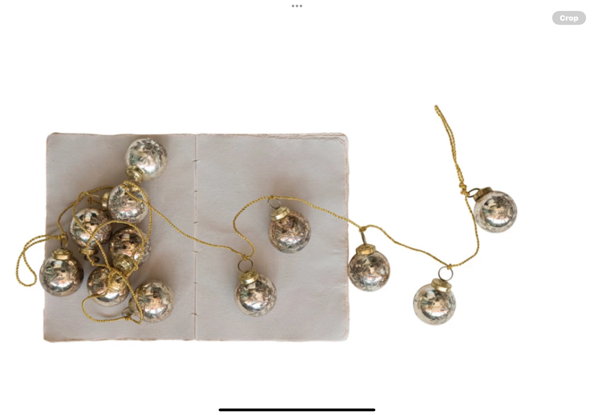 72"L Etched Mercury Glass Ball Ornament Garland w/ Snowflakes, Antique Gold Finish