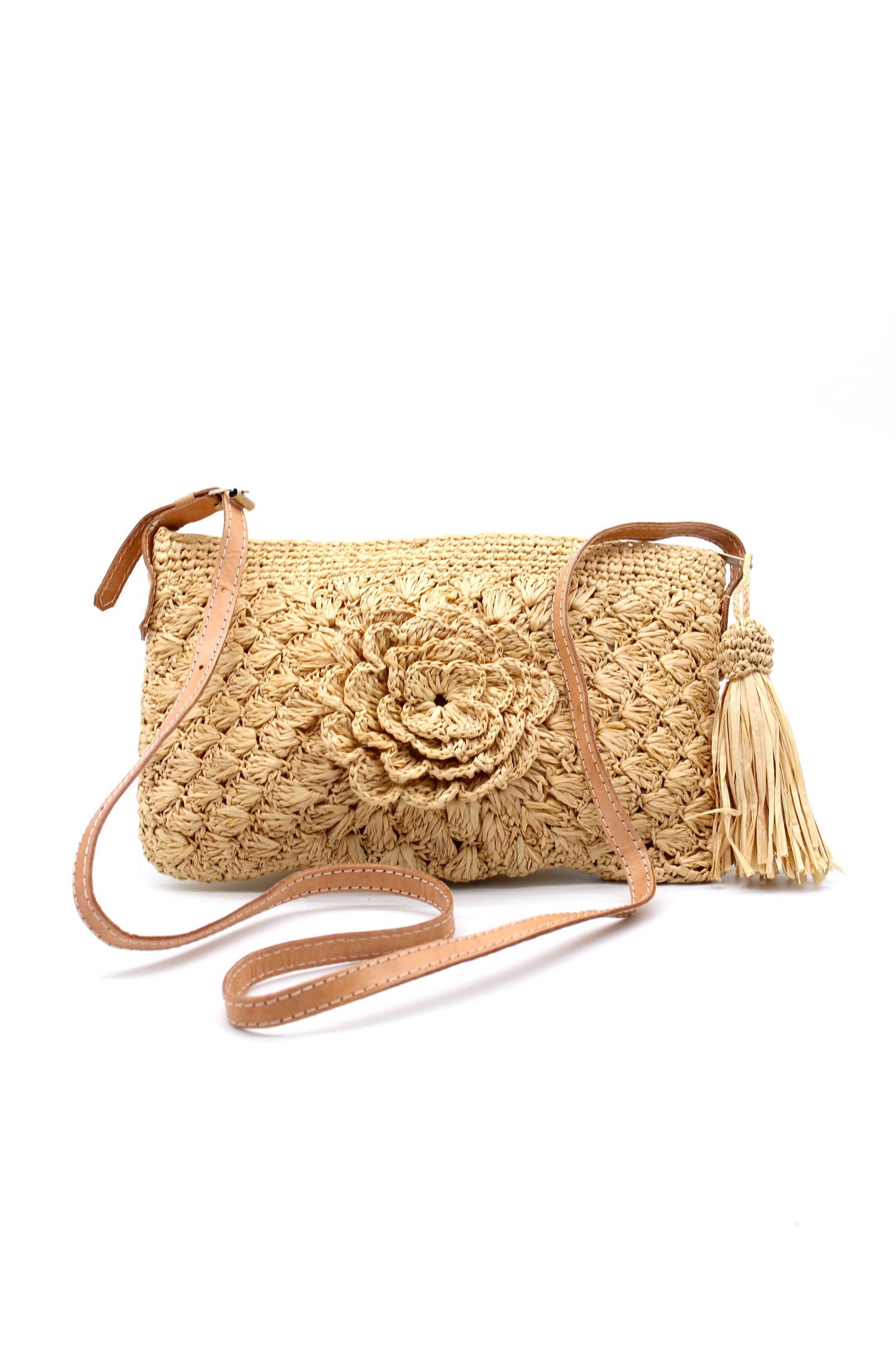 ZaZa Flower Crochet Straw Crossbody Bag with Tassel