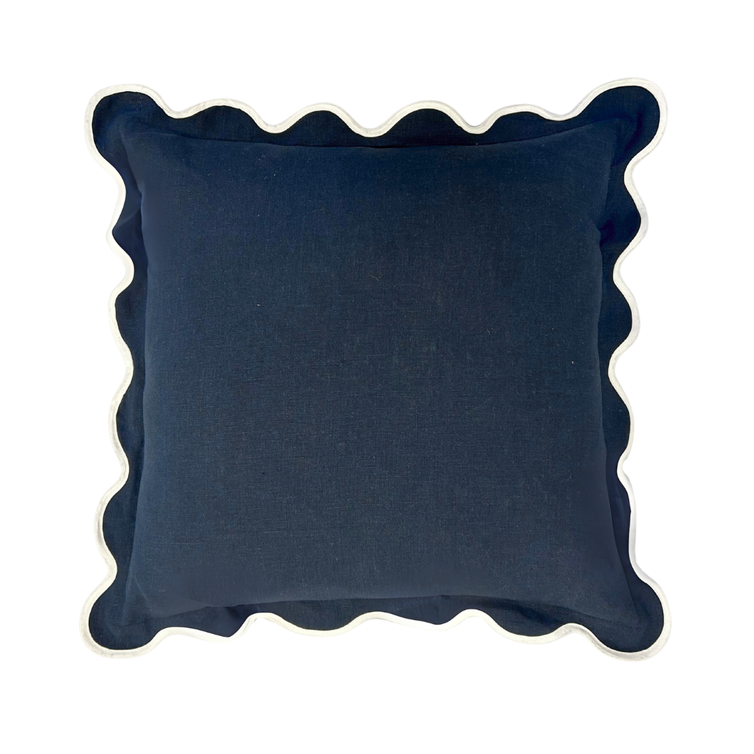 Charlotte Scalloped Linen Pillow Navy with White Trim, SumnerEdit: 18" x 18" Throw Pillow