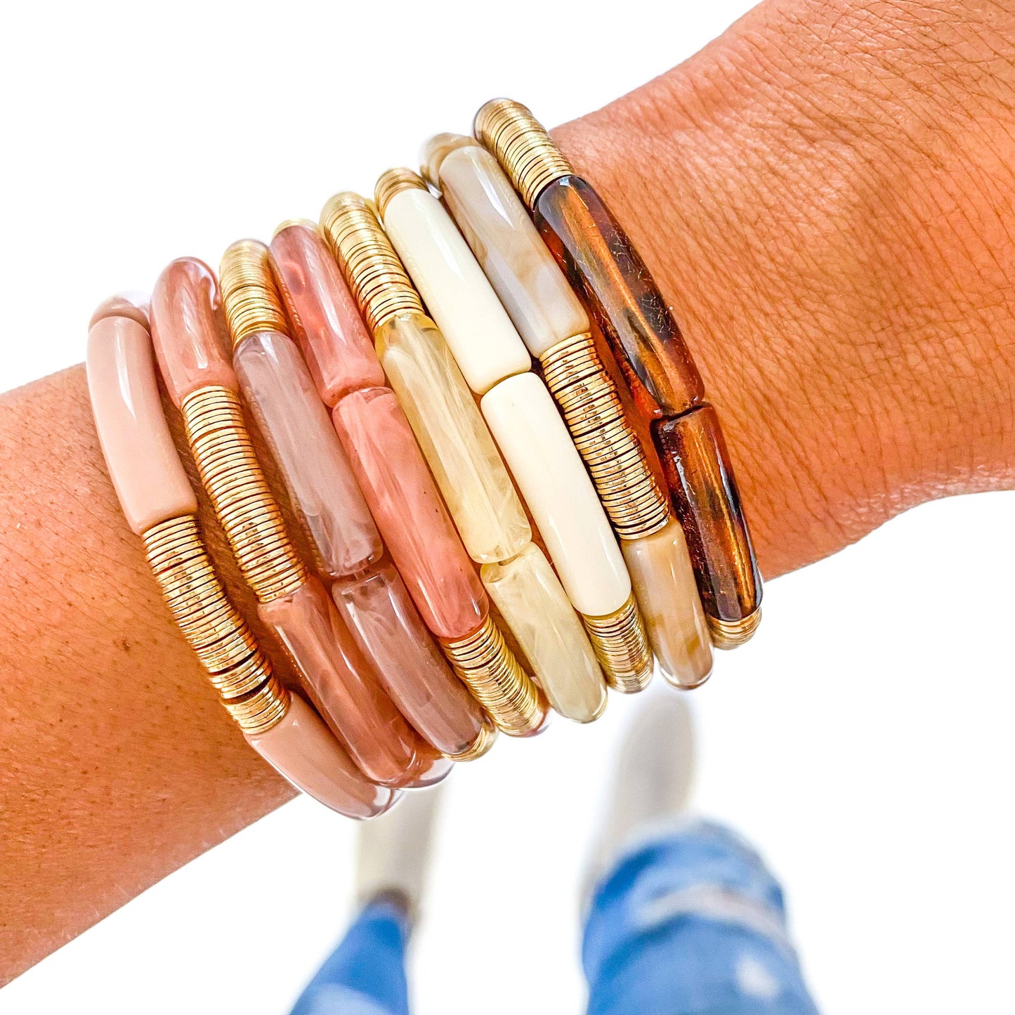 Small Neutral Acrylic Tube Bamboo Bracelet: Peach-Gold Disc / Small