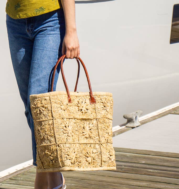Marie Flower Crochet Straw Basket Bag: Medium