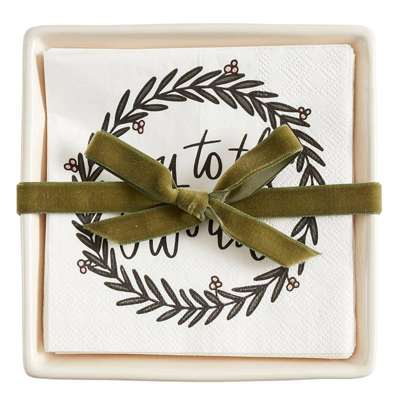 Ceramic Napkin Tray + Napkins - Joy To The World: Ceramic, Paper, Cotton Twill Ribbon