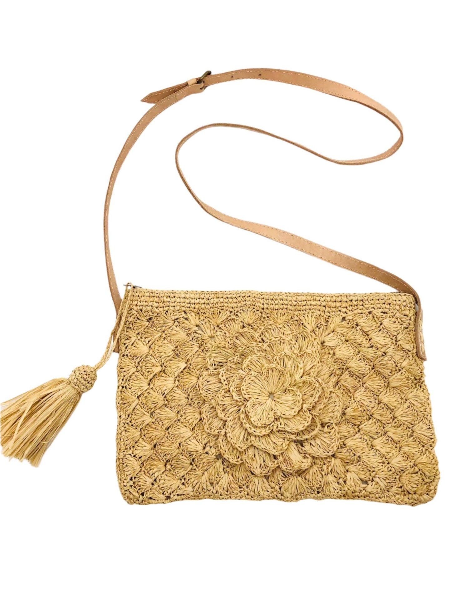 ZaZa Flower Crochet Straw Crossbody Bag with Tassel