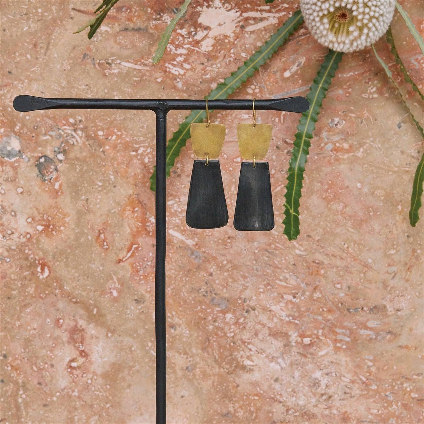Leucadia Earrings, Brass & Horn - Trapezoids - Dark Horn