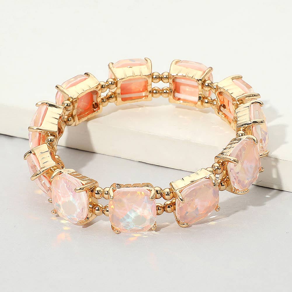 Cushion Square Stone Stretch Evening Bracelet: Opal Pink