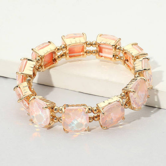 Cushion Square Stone Stretch Evening Bracelet: Opal Pink