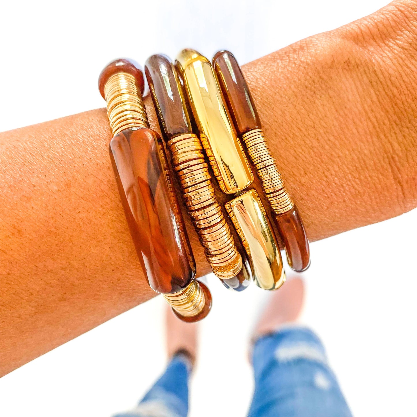 Coco Cola Brown Acrylic Tube Bamboo Bracelet: Small Coco Cola Brown-Gold Discs