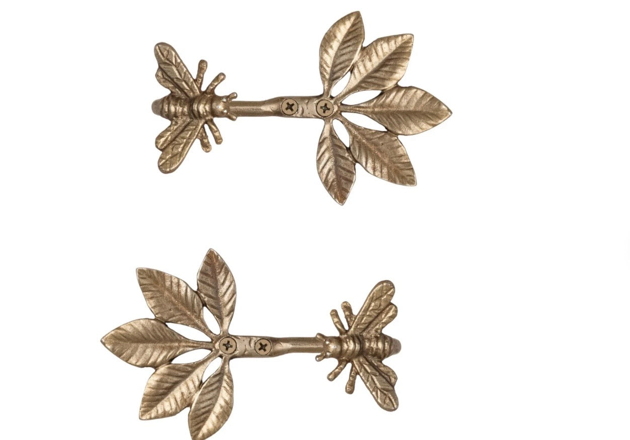 Cast Aluminum Curtain Tiebacks with Leaves & Bee, Boxed Pair