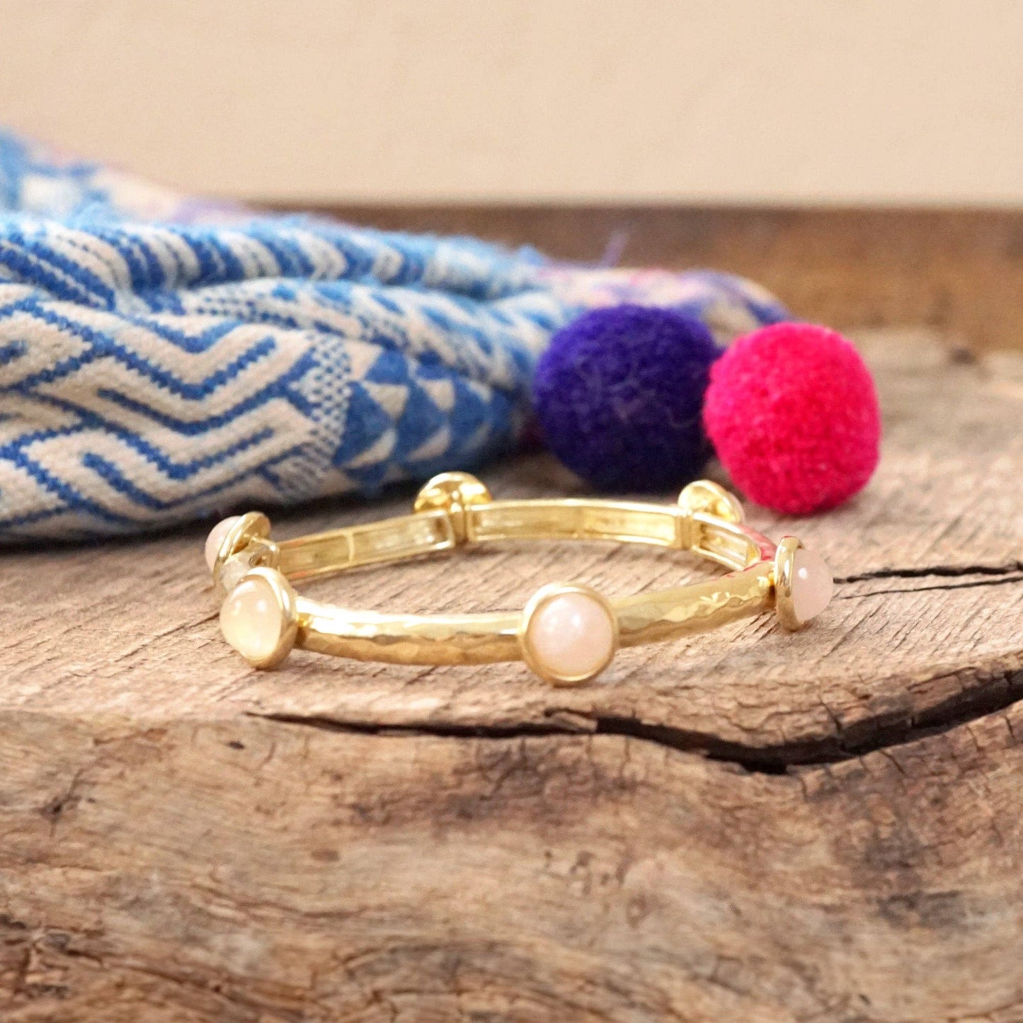Jeweled Golden Bangle with semi precious stone dots: Worn Gold - Pearl