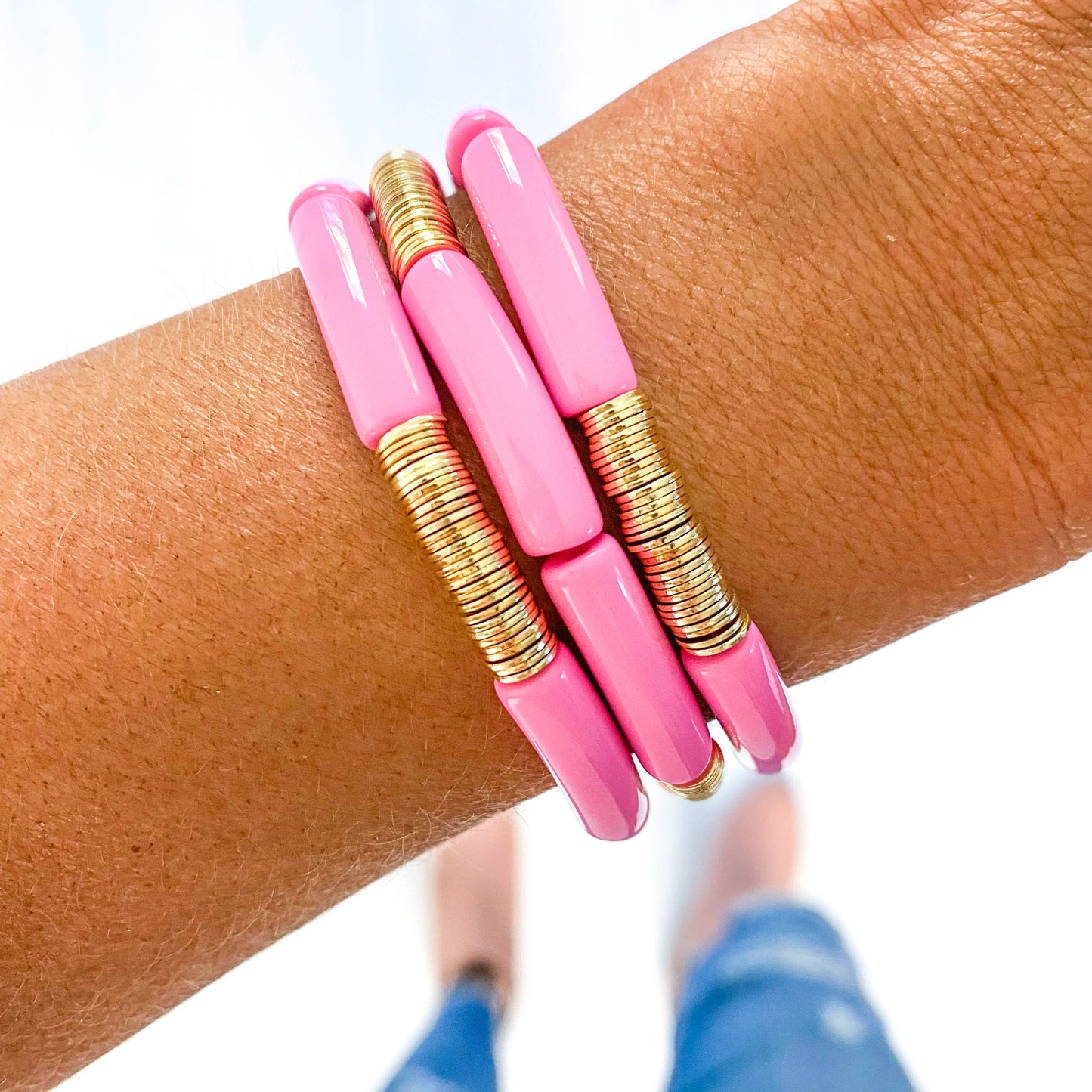 Light Pink Acrylic Tube Bamboo Bracelet: Pink & Gold Discs