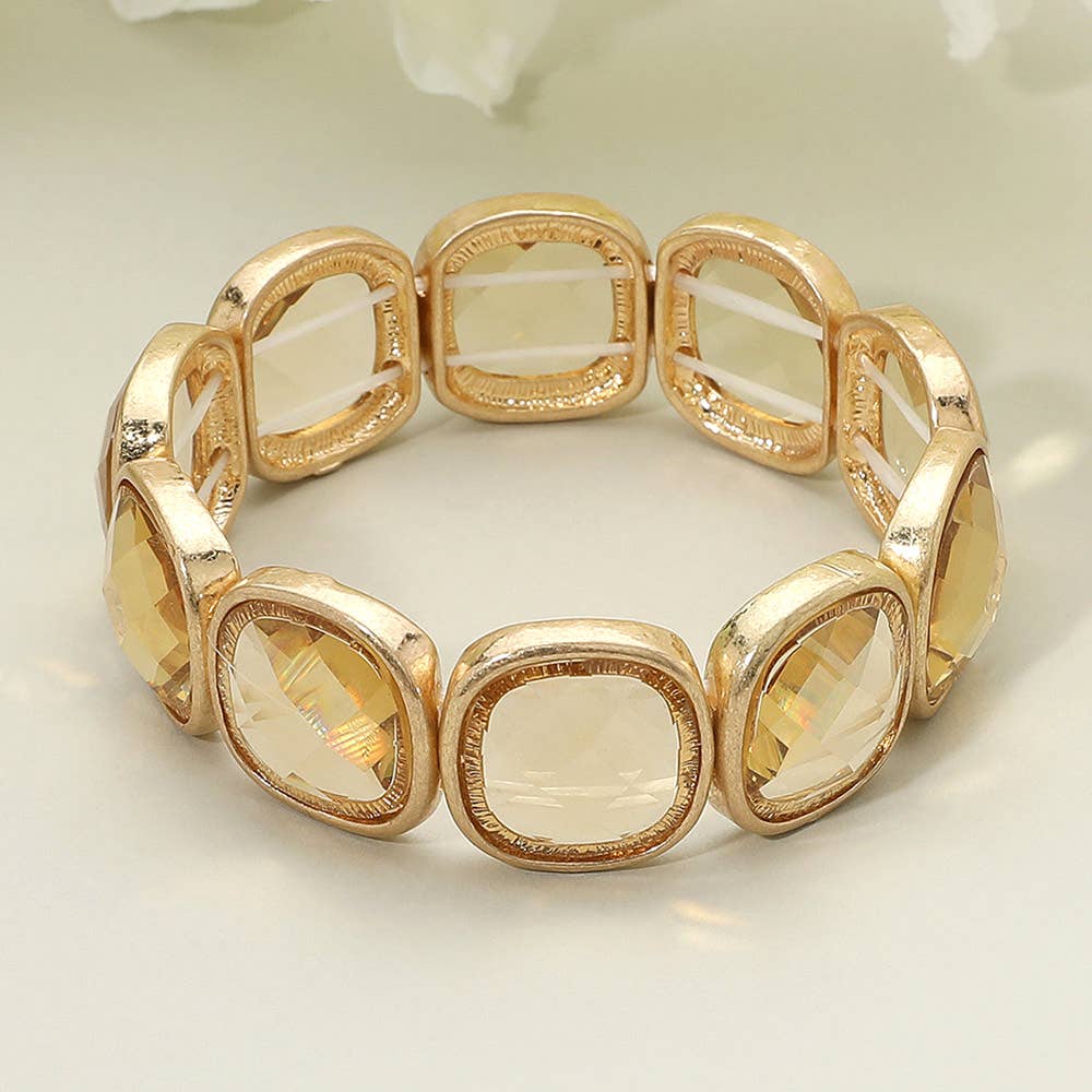 Round Square Glass Stone Frame Beaded Stretch Bracelet: Green,Light,Worn Gold
