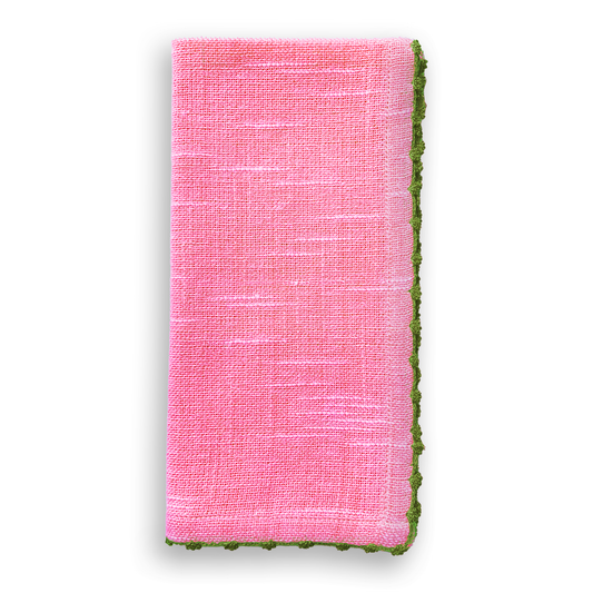 Knotted Edge PINK Cotton Napkin Olive Trim