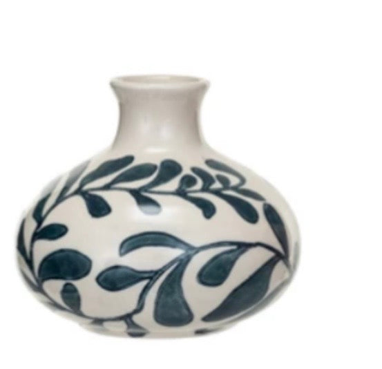 Hand-Painted Stoneware Vase w/ Abstract Designs Small Blue