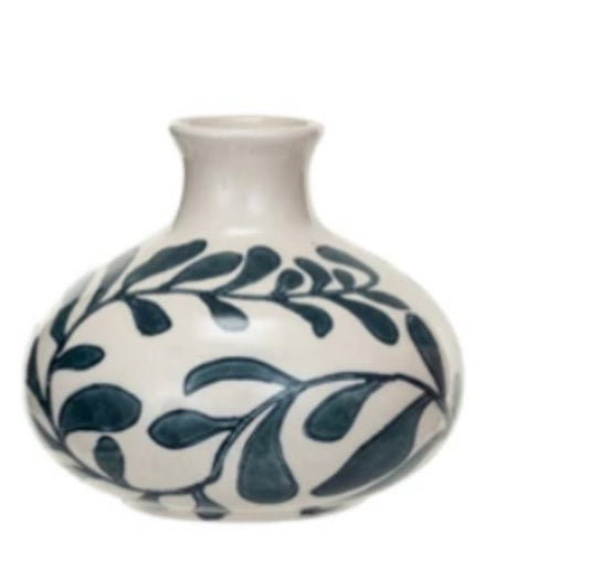 Hand-Painted Stoneware Vase w/ Abstract Designs Small Blue