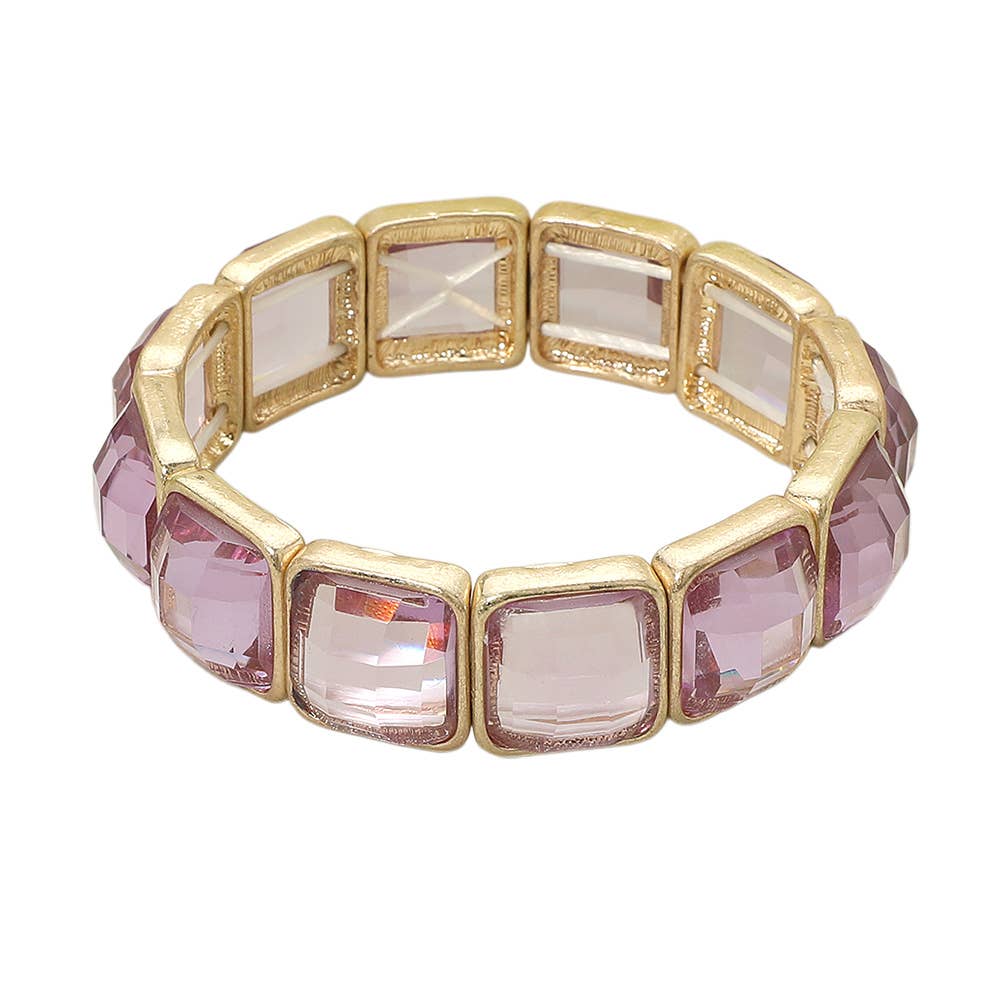 Square Faceted Glass Stone Frame Beaded Stretch Bracelet: Purple ,Worn Gold