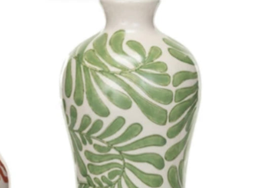 Hand-Painted Stoneware Vase w/ Abstract Designs Large Green