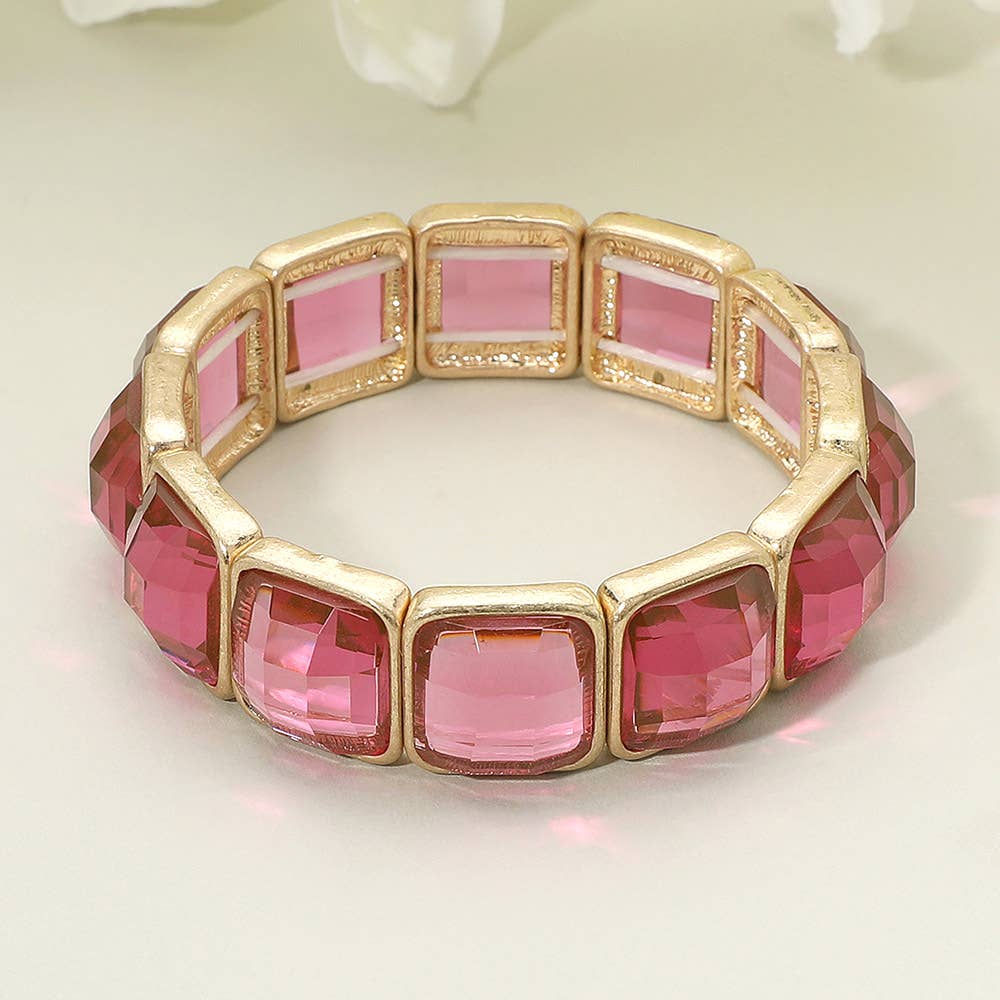 Square Faceted Glass Stone Frame Beaded Stretch Bracelet: Purple ,Worn Gold
