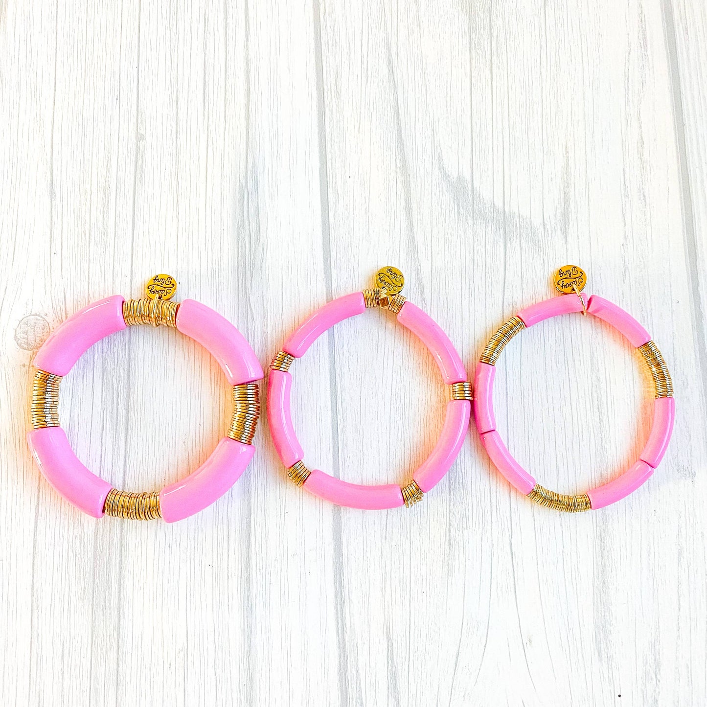 Light Pink Acrylic Tube Bamboo Bracelet: Pink & Gold Discs