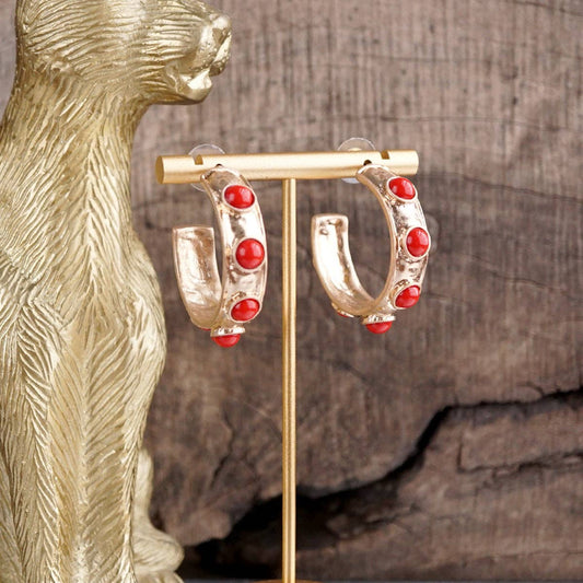 Jeweled Bubble Hoop Earrings – Colorful Acrylic Cabochons: Red